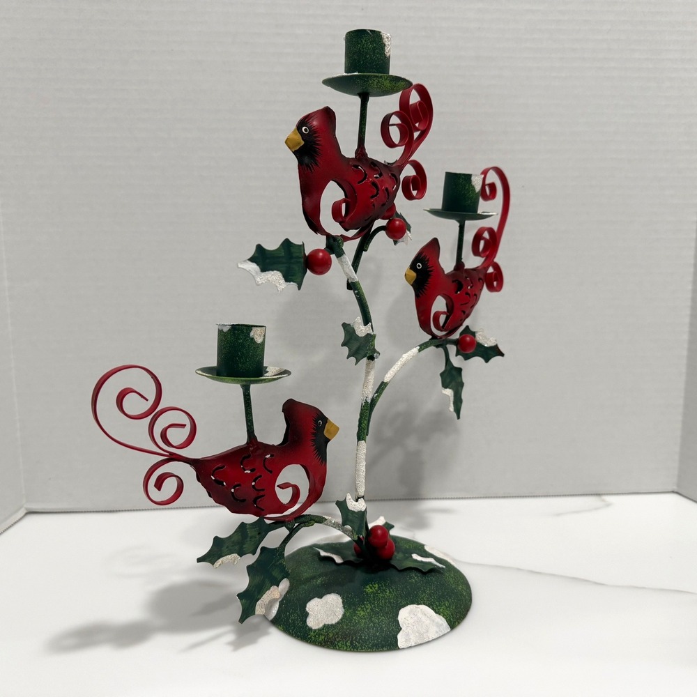 VTG Metal Cardinal Taper 3-Candle Holder Rustic Christmas Holly Bird Centerpiece - Picture 2 of 14
